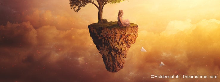 Composite fantasy background - Little girl sitting on floating island, throwing paper airplanes