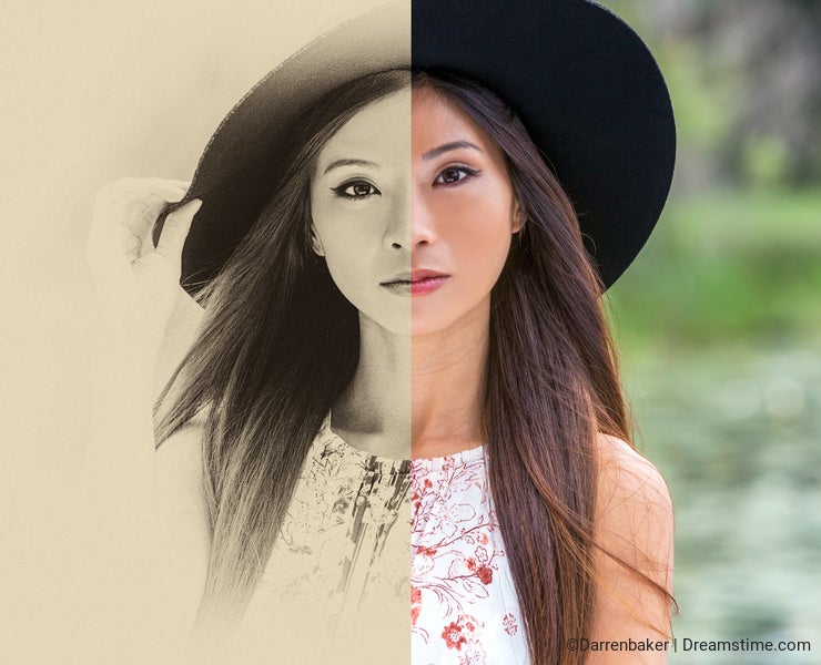 Split screen, sepia black and white and color, beautiful thoughtful young Chinese Asian woman