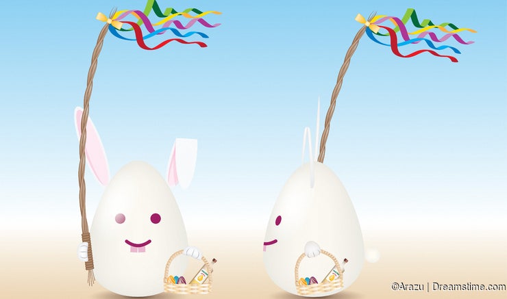 Rabbit egg with pomlazka, illustrated vector Easter symbol.