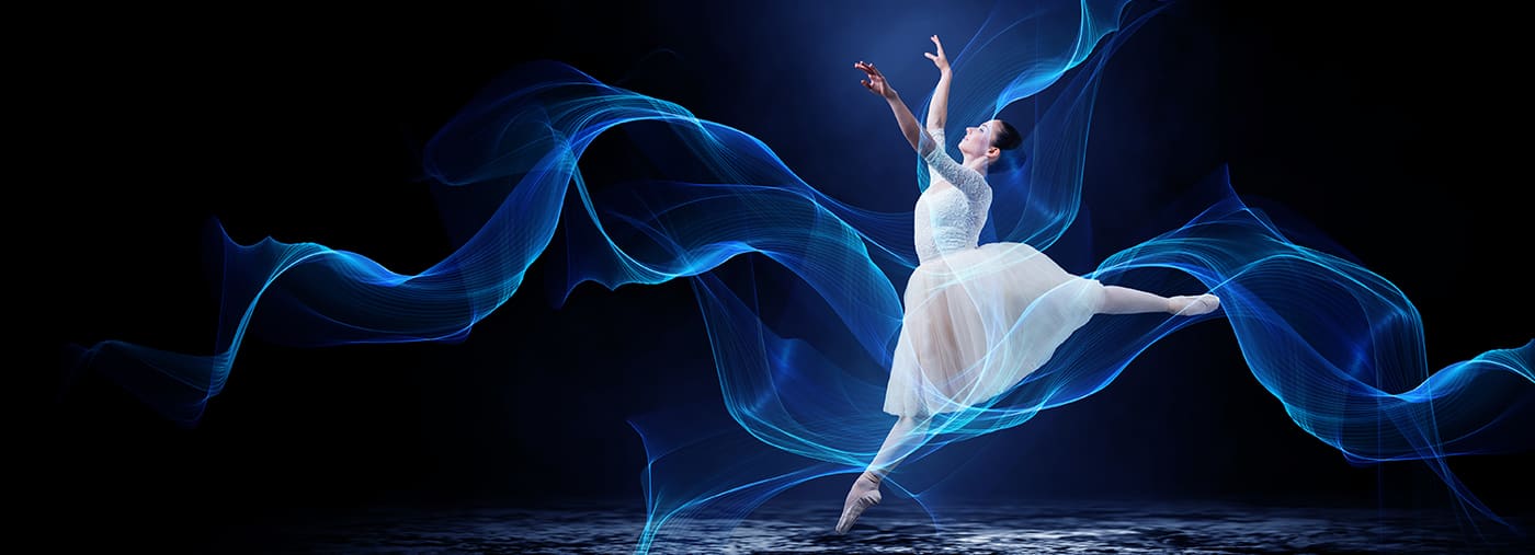 elegant woman dancer in white dress against dark background ballet dancer in jump mixed media