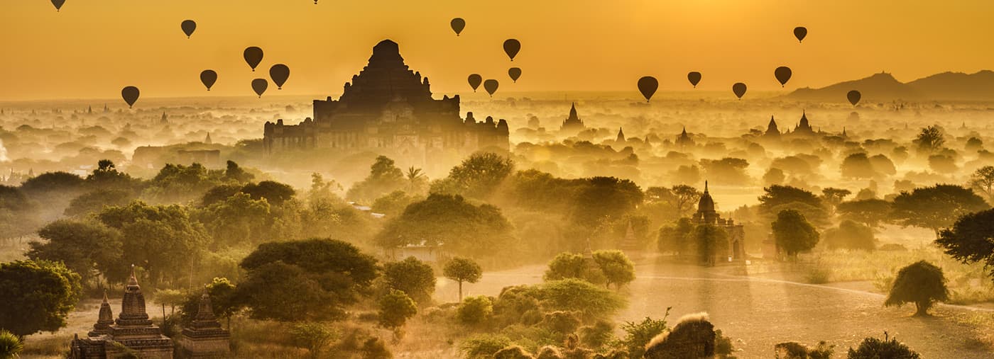 scenic sunrise above bagan in myanmar with many hot air balloons is an ancient city with thousands of historic buddhist