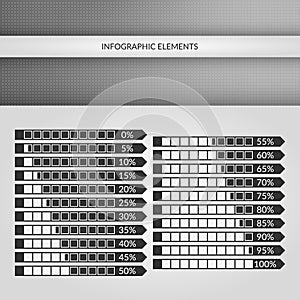 0 5 10 15 20 25 30 35 40 45 50 55 60 65 70 75 80 85 90 95 100 percent graph charts. Vector percentage infographics