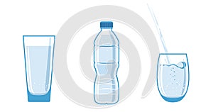 0.5, liter bottle, plastic water flask. Filled with liquid. Full glasses stand nearby. Water is poured into one cup