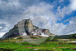 0000265_A meadow of wildflowers carpets the foreground leading to Clements Mountain as a storm brews at Logan Pass, Glacier