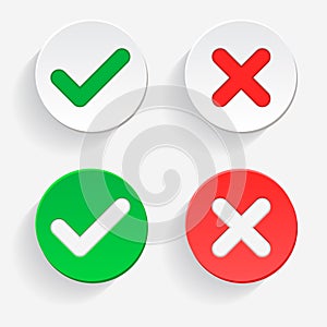 0001-checkmark Green Tick and red cross of approved and reject Circle symbols YES and NO button for vote, decision, web. Vector