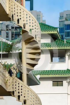 01/03/2020 Singapore. A spiral staircase in a residential building in the Little India historic district in Singapore