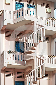 01/03/2020 Singapore. A spiral staircase in a residential building in the Little India historic district in Singapore