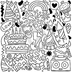 01-09-010 hand drawn party doodle happy birthday Ornaments background pattern Vector illustration