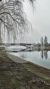 02 12 2024 Kyiv, Ukraine. Bridge in the fog. River landscape. Street lights. Wet weather. Calm