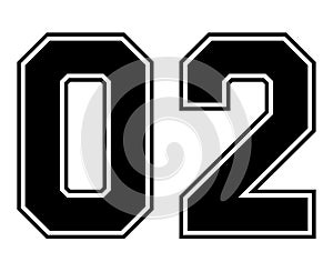 02 Classic Vintage Sport Jersey Number in black number on white background for american football, baseball or basketball