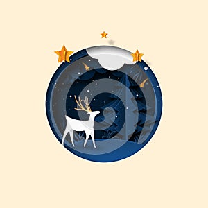 02.White deer and christmas tree on winter background paper cut style