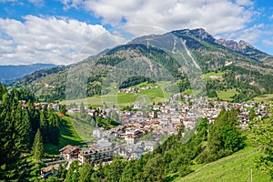 02_Wide panorama of the high mountain resort of Moena,Dolomiti Italy.