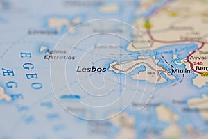 03-16-2021 Portsmouth, Hampshire, UK Lesbos Shown on a geography map or road map