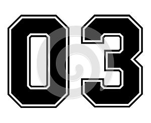 03 Classic Vintage Sport Jersey Number in black number on white background for american football, baseball or basketball