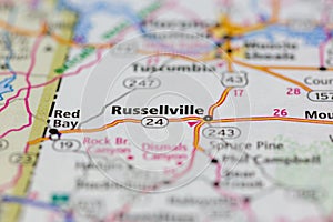 04-26-2021 Portsmouth, Hampshire, UK, Russellville Alabama USA shown on a road map or geography map