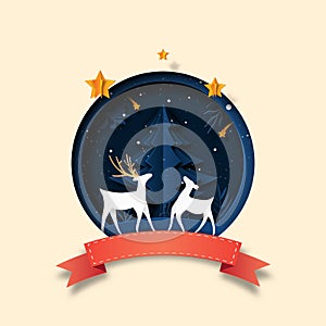 04.Couple deers and christmas tree on winter background paper cut style