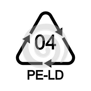 04 PE LD recycling sign in triangular shape with arrows. PELD or LDPE reusable icon isolated on white background