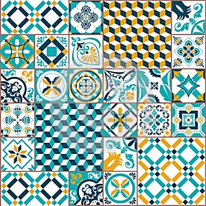 048_Lisbon geometric Azulejo tile vector pattern, Portuguese or Spanish retro old tiles mosaic