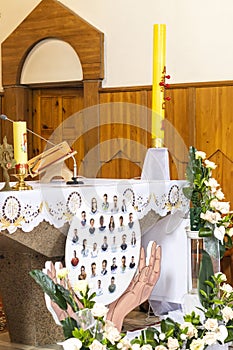 05.05.2024 - Brest, Belarus - Altar decorated for mass at Roman catholic church. Religion