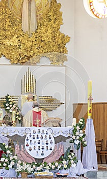 05.05.2024 - Brest, Belarus - People gathered for first communion mass at Roman catholic church