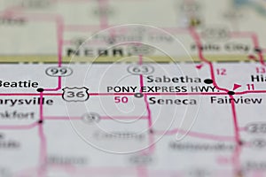 05-12-2021 Portsmouth, Hampshire, UK, Pony Express Highway Kansas USA shown on a Geography map or Road Map