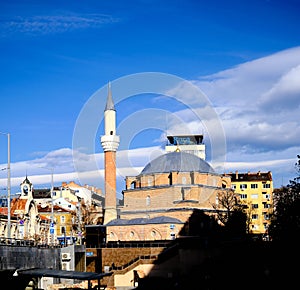 06.01.2021. Sofia. Bulgaria. Banya Bashi Mosque and blue sky background taken by photo from side of ancient ruins of Sofia.