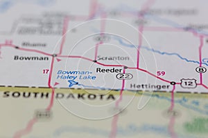 06-10-2021 Portsmouth, Hampshire, UK, Reeder North Dakota USA shown of a Road map or Geography map