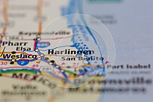 06-30-2021 Portsmouth, Hampshire, UK, Harlingen Texas USA shown on a Geography map or Road map