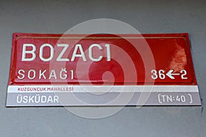 07-01-2023 Istanbul-Turkey: Red Street Sign board of Bozaci Street (Turkish: Bozaci Sokak, Uskudar) located at Uskudar
