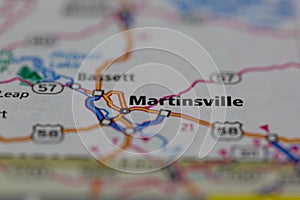 07-29-2021 Portsmouth, Hampshire, UK, Martinsville Virginia shown on a road map or Geography map