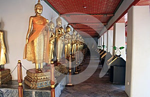 07 February 2019, Bangkok, Thailand, Wat Pho temple complex. Alley with Golden Buddhas