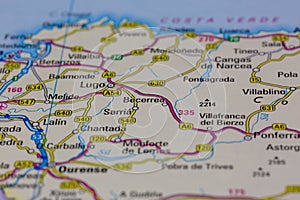 08-20-2021 Portsmouth, Hampshire, UK, Becerrea Spain shown on a road map or Geography map