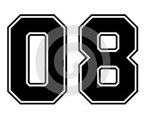 08 Classic Vintage Sport Jersey Number in black number on white background for american football, baseball or basketball