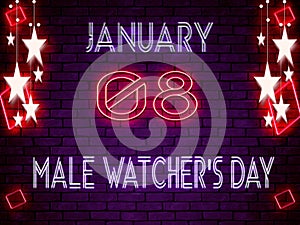 08 January, Male Watcher's Day, neon Text Effect on bricks Background