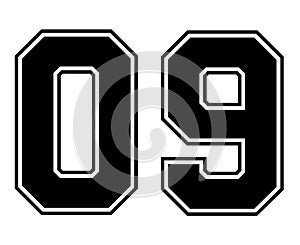 09 Classic Vintage Sport Jersey Number in black number on white background for american football, baseball or basketball