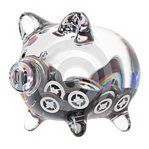 0x (ZRX) Clear Glass piggy bank with decreasing piles of crypto coins.