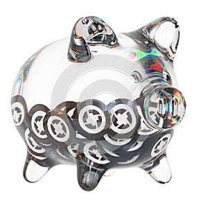 0x (ZRX) Clear Glass piggy bank with decreasing piles of crypto coins.