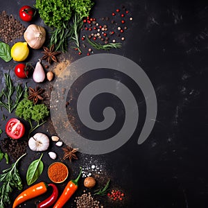 1:1 Black stone cooking background with spices and vegetables