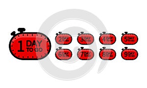 1,2,3,4,5,6,7,8,9 days to go. Icon set flat on an isolated white background. EPS 10 vector