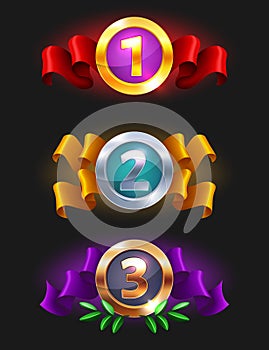 1,2,3 place medals icon - Game rating icons with medals. Level results vector icon design for game, ui, banner, design