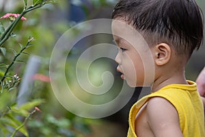 1-2 years old little boy have a good time at the garden