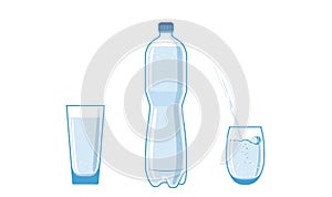 1.5, 2 liter bottle, plastic water flask. Filled with liquid. Full glasses stand nearby. Water is poured into one cup