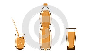 1.5, 2 liter bottle, plastic water flask. Filled with orange liquid. Full glasses stand nearby. Water is poured into one cup