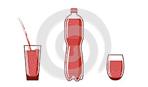 1.5, 2 liter bottle, plastic water flask. Filled with red liquid. Full glasses stand nearby. Water is poured into one cup