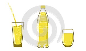 1.5, 2 liter bottle, plastic water flask. Filled with yellow liquid. Full glasses stand nearby. Water is poured into one cup