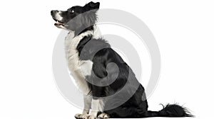 1.5 year old Border Collie, sitting on white background, looking away