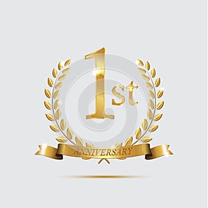 1 anniversary golden symbol. Golden laurel wreaths with ribbons and first anniversary year symbol on light background