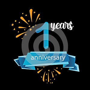 1 anniversary pictogram icon, years birthday logo label. Vector illustration. Isolated on black background - Vector