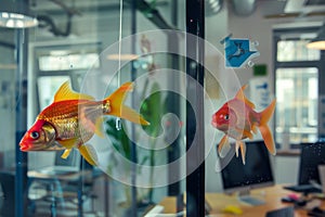 1 april fools day. Funny day. April fish. Prank. Goldfish decals stick to an office window, reflecting a creative and