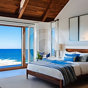 1 A coastal-inspired bedroom with a mix of white and blue finishes, a classic wooden bed frame, and a large window with a view o
